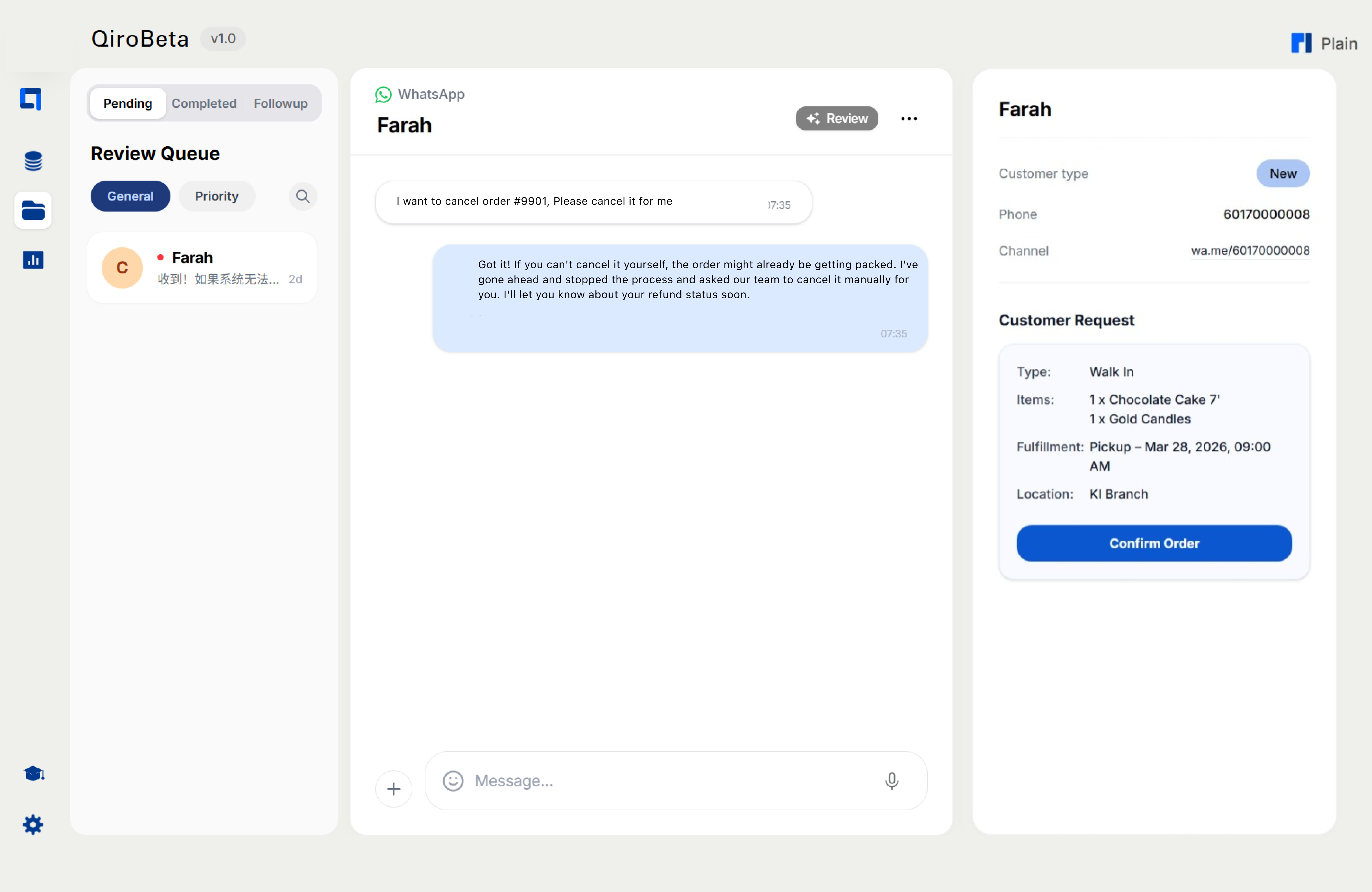 Plain — Clean Dashboard Interface showing WhatsApp order management